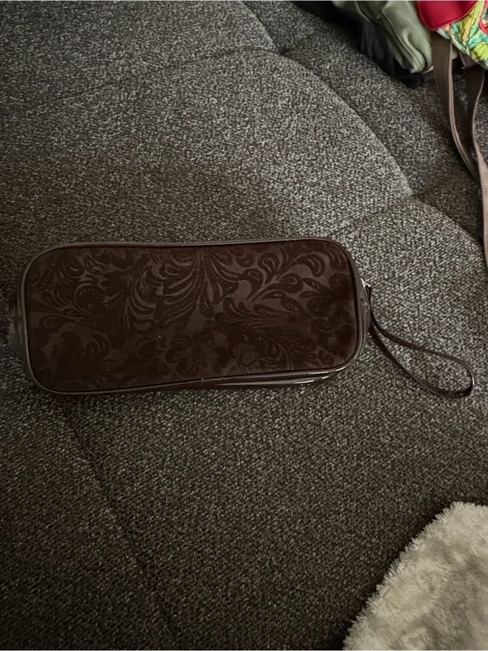Brown Paisley Floral Suede Wristlet Clutch